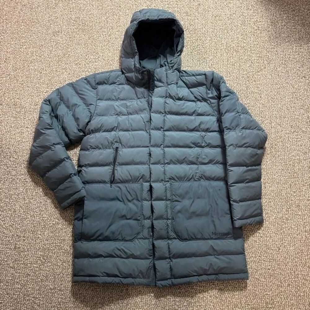Marmot Men's Hooded Puffer Jacket Gray Long Parka Extra Large - AS IS - Flaw